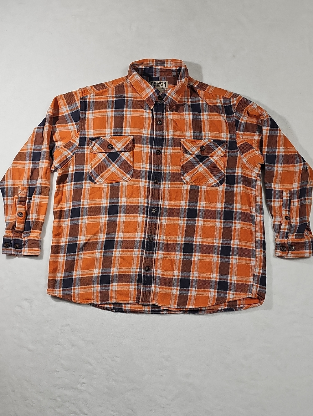 Duluth Trading Co Orange and Navy Plaid Button-Down Shirt